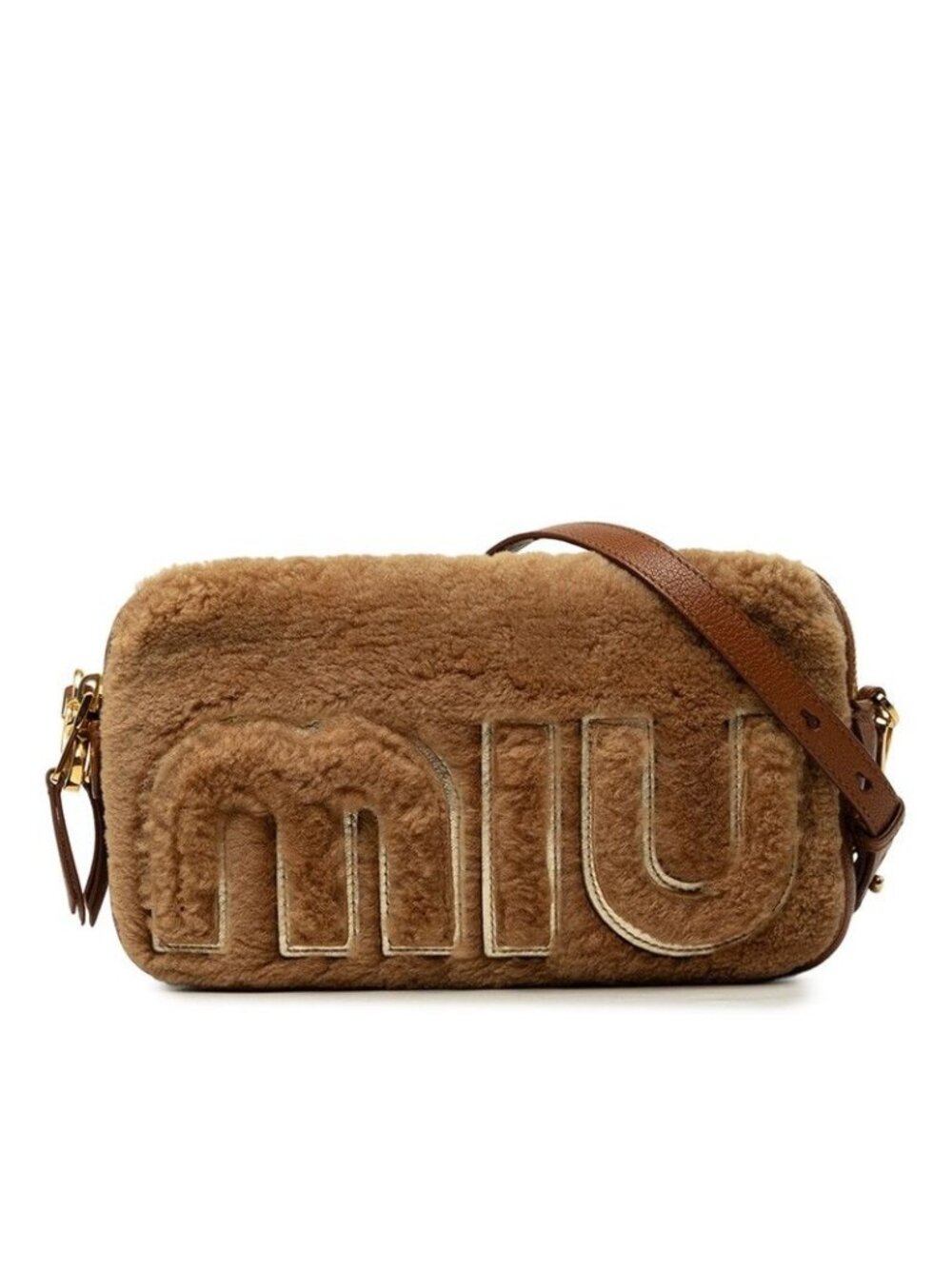 Miu Miu Logo Montone Letter Crossbody Shoulder Bag Brown Leather Shearling